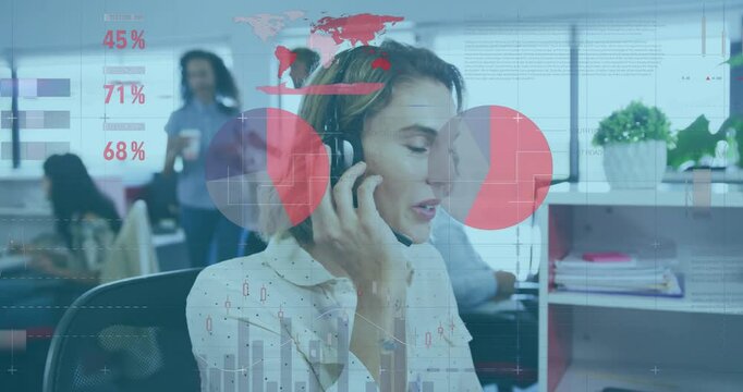 Animation of financial data processing over caucasian businesswoman in office