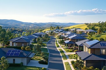 Fototapeta premium Low aerial close view new dense rural housing development. Rows of houses of various tightly-packed houses with grey roofing, some green landscaping, young trees. still under construction.