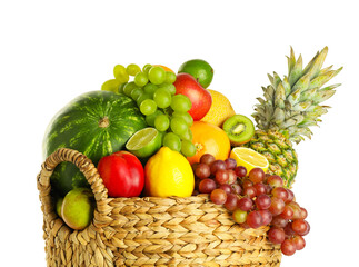 Many fresh ripe fruits in basket isolated on white