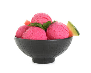 Scoops of tasty watermelon sorbet in bowl, fresh fruit and mint isolated on white