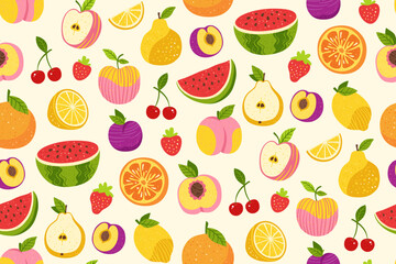 Fruits or berries hand drawn seamless pattern. Sliced citrus lemon orange, apple, pear, watermelon peach fruits, trendy boundless background. Juicy strawberry plum cherry endless vector cartoon design