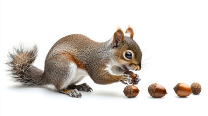 Obraz premium A squirrel chews on an acorn with a pile of acorns near by.