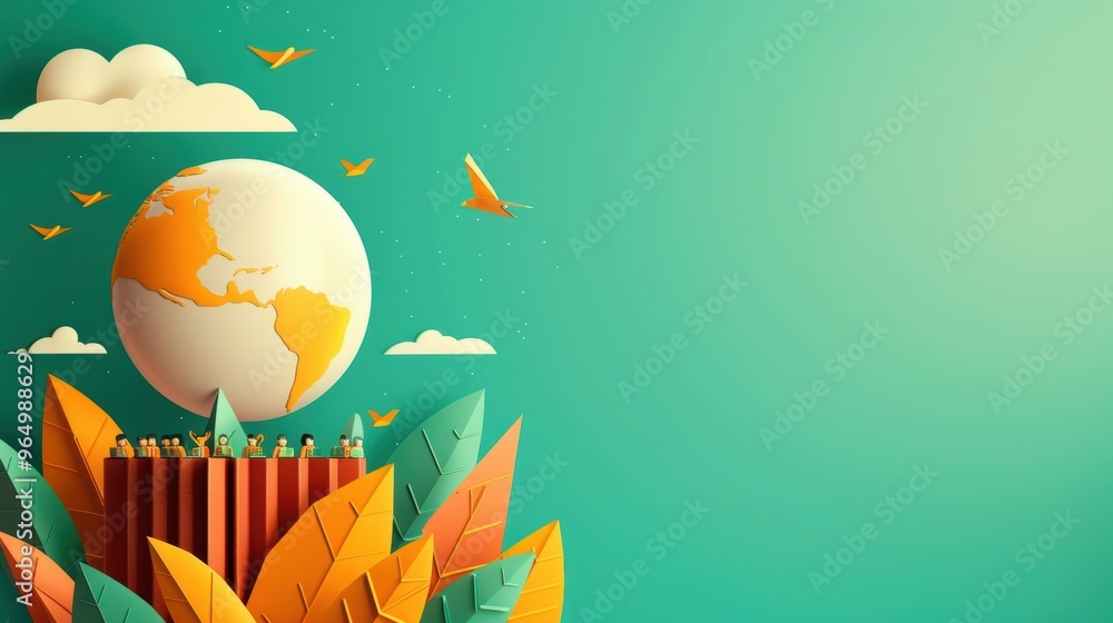 Poster an artistic depiction of a global classroom setting with students of different ethnicities and cultu