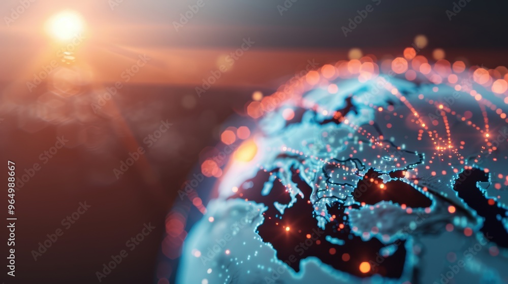 Poster a futuristic digital illustration featuring a network of interconnected data nodes around a globe, s