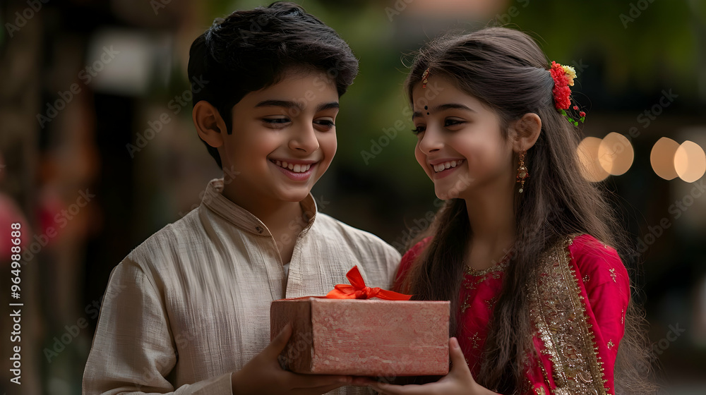 Wall mural Two children joyfully exchanging a gift during a festive occasion.