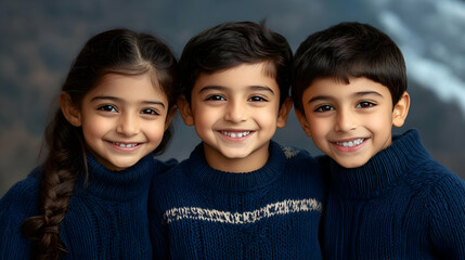 Tiga anak tersenyum bersama dalam sweater hangat di latar belakang yang indah.