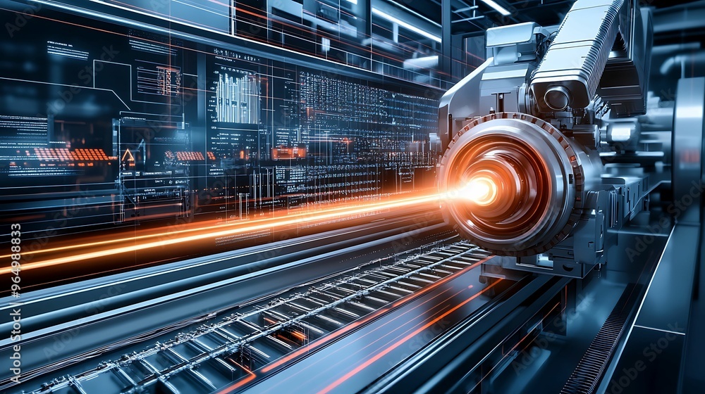 Poster futuristic laser technology automating high-tech assembly line in digital painting style