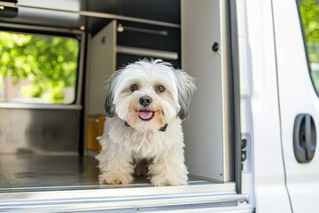 Pet grooming van with a dog being groomed inside