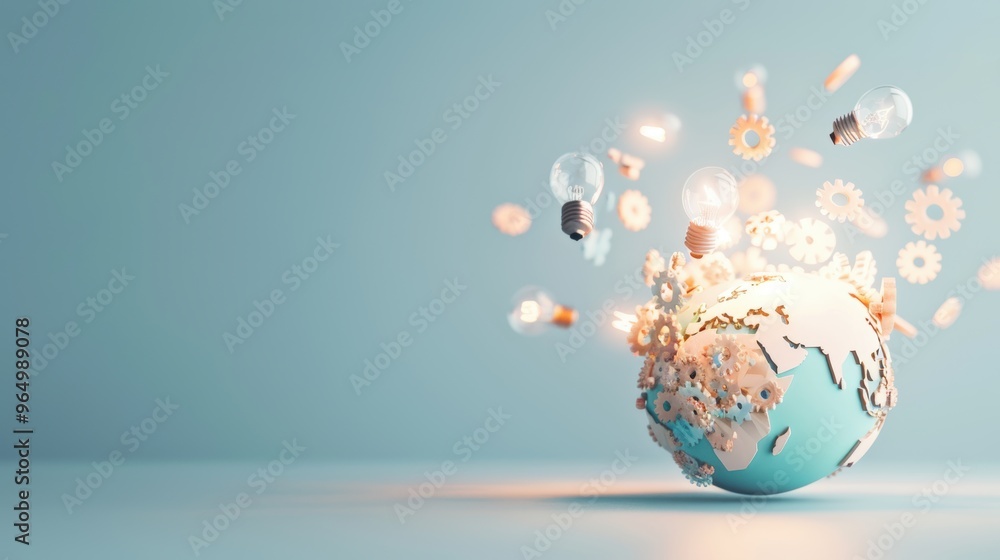 Poster an abstract illustration of a globe integrated with gears and lightbulbs, representing the synergy b