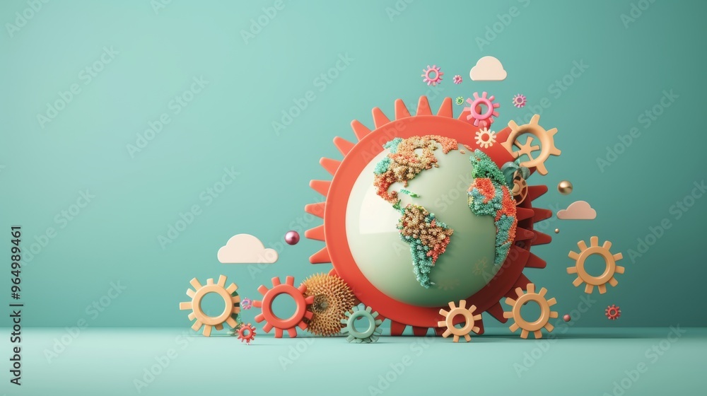 Poster a dynamic illustration showcasing the concept of global knowledge, with interconnected gears and dig