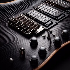 close-up of a black electric guitar, focusing on its strings and wooden neck, with the guitar's...