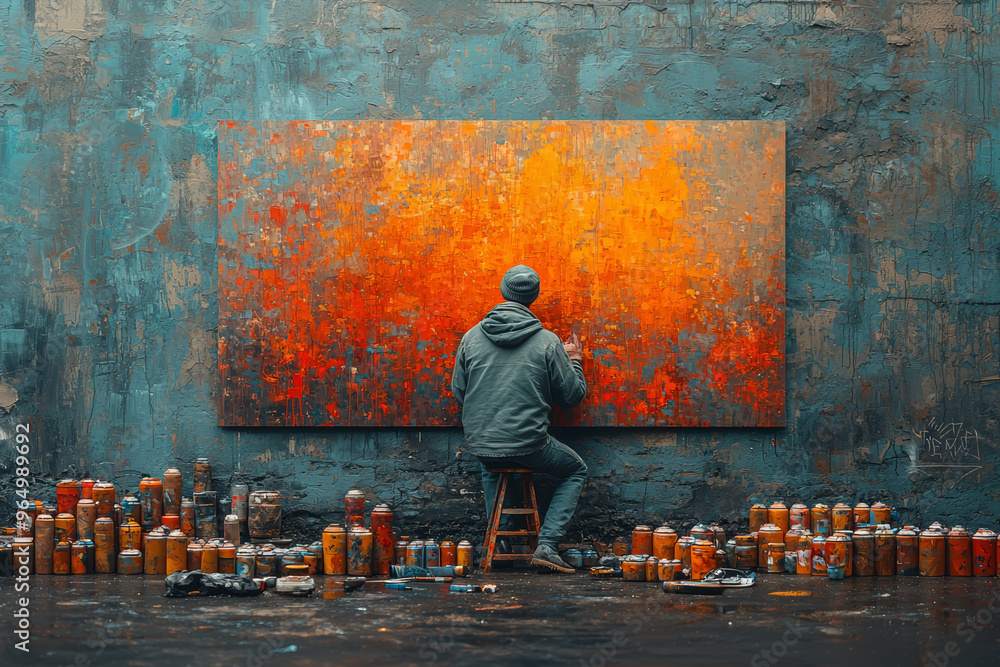 Poster a street artist creating a mural with a part of it blending into the surrounding wall, suggesting in