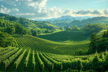 A sweeping view of rolling hills covered in vineyards, with neatly arranged rows stretching out in geometric patterns. Concept of agricultural landscapes and rural beauty.