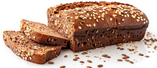 Cut Homemade Brown Bread With Seed Mix Isolated Whole Loaf Of Organic Cereal Bread Made Of Sourdough Dough With Seeds Of Beans Peas Flax On White Background