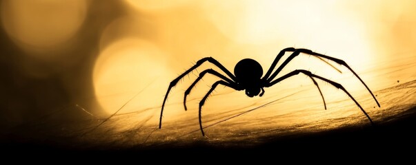 Silhouette of a spider on a web against a golden sunset background