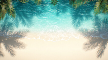Idyllic sunny tropical beach scene with crystal-clear waters, golden sands, and lush palm leaves, evoking relaxation, escape, and tropical bliss