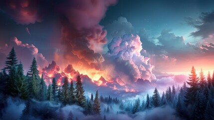 Fototapeta premium A dramatic illustration of severe weather, showing a wildfire raging through a forest, with smoke billowing into the sky and flames consuming the landscape.