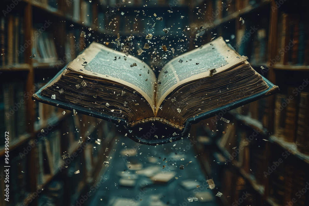 Poster a floating book in a library with pages turning by themselves, hinting at an invisible reader. conce