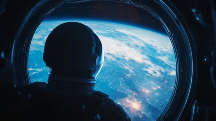 Astronaut looking at Earth from spaceship window