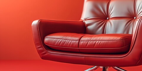 Close-up of a modern red leather armchair against a vibrant red background, showcasing a sleek, tufted cushion design. Ideal for interior design concepts, furniture catalogs, and home décor inspiratio