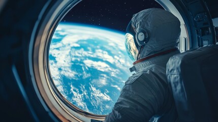 Astronaut looking at Earth from spaceship window