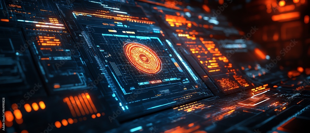 Poster portable hacking device with a sleek design, featuring biometric access, digital interfaces, and cut