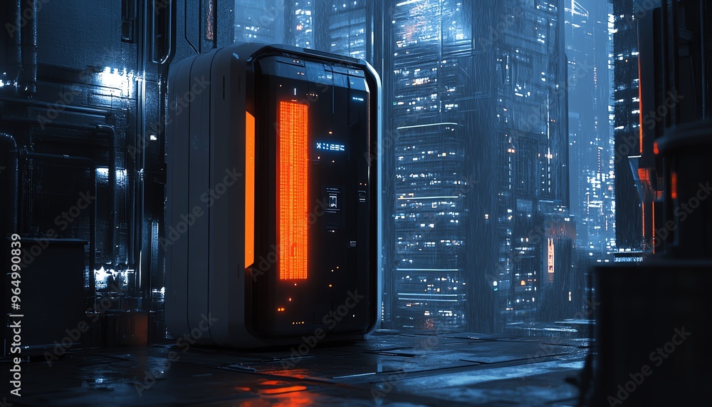 Poster portable hacking device with a sleek design, featuring biometric access, digital interfaces, and cut