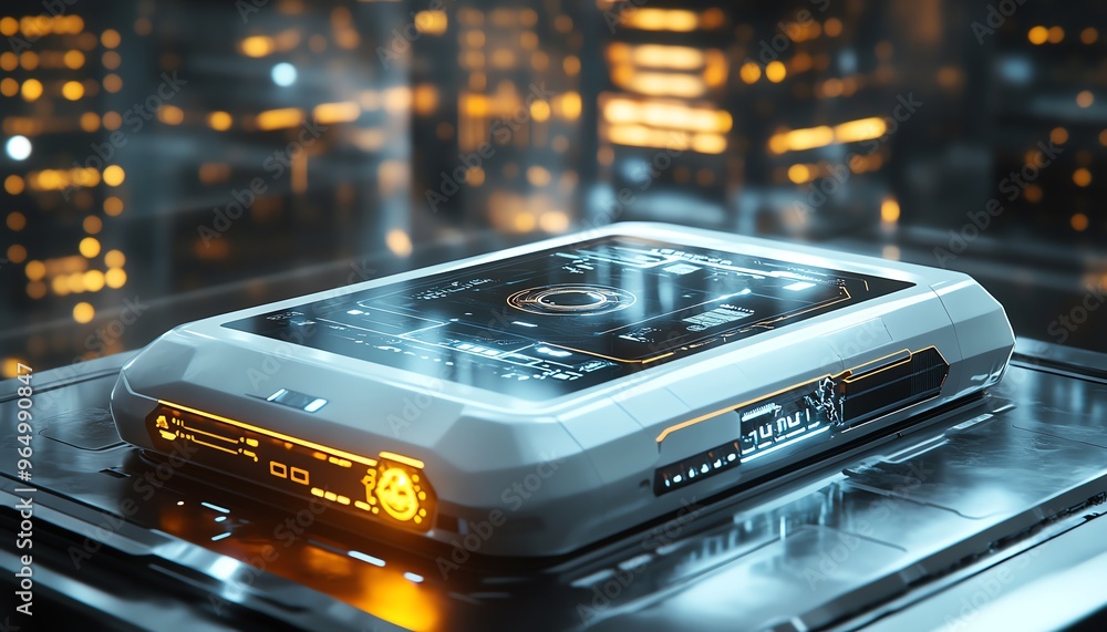 Poster portable hacking device with a sleek design, featuring biometric access, digital interfaces, and cut