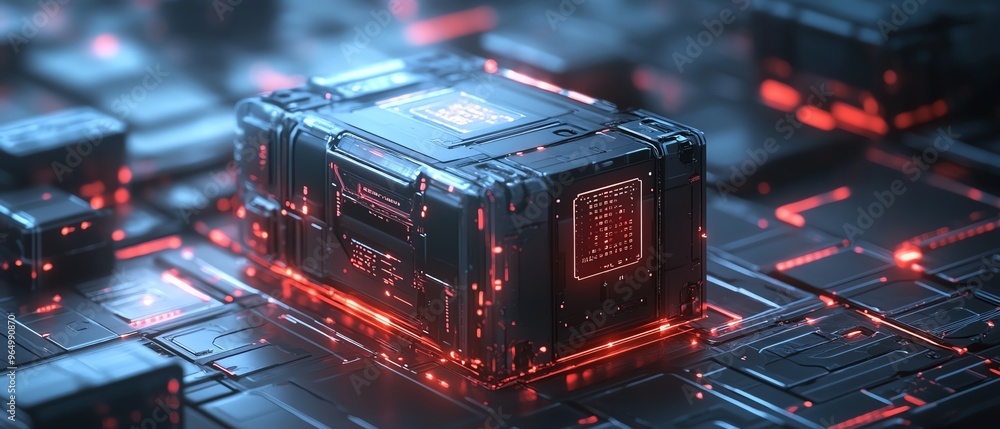 Poster portable hacking device with a sleek design, featuring biometric access, digital interfaces, and cut