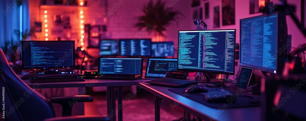 Poster closeup of a hacker s setup with sophisticated hardware, including encrypted usb drives, network ana