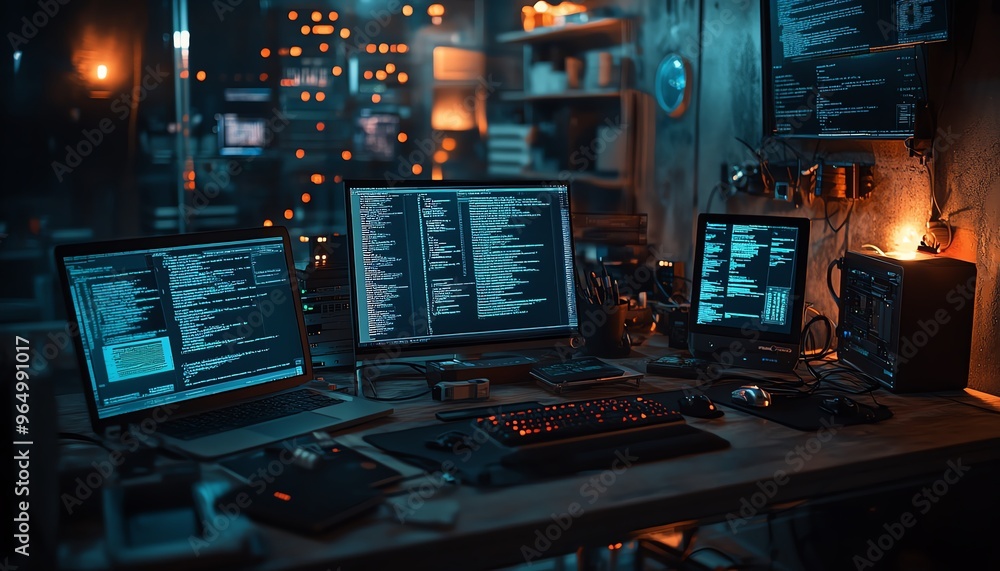 Fototapete closeup of a hacker s setup with sophisticated hardware, including encrypted usb drives, network ana