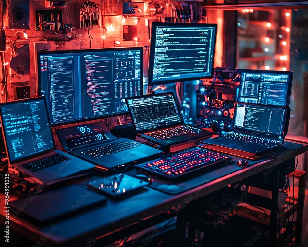 Poster closeup of a hacker s setup with sophisticated hardware, including encrypted usb drives, network ana