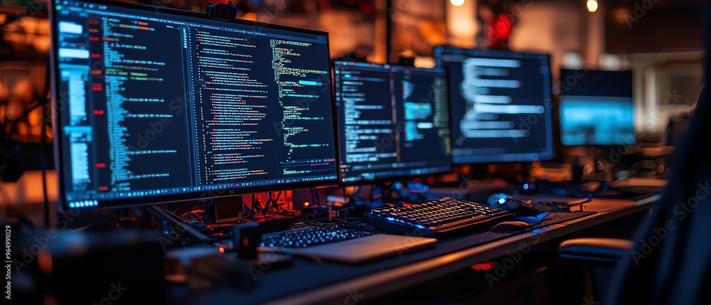 Fototapete closeup of a hacker s setup with sophisticated hardware, including encrypted usb drives, network ana