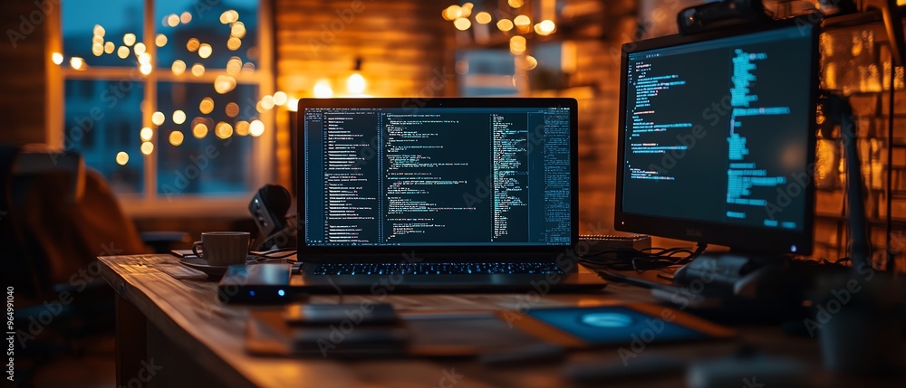 Poster closeup of a hacker s setup with sophisticated hardware, including encrypted usb drives, network ana