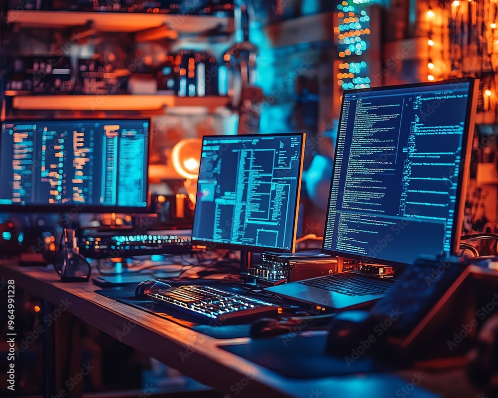 Poster closeup of a hacker s setup with sophisticated hardware, including encrypted usb drives, network ana