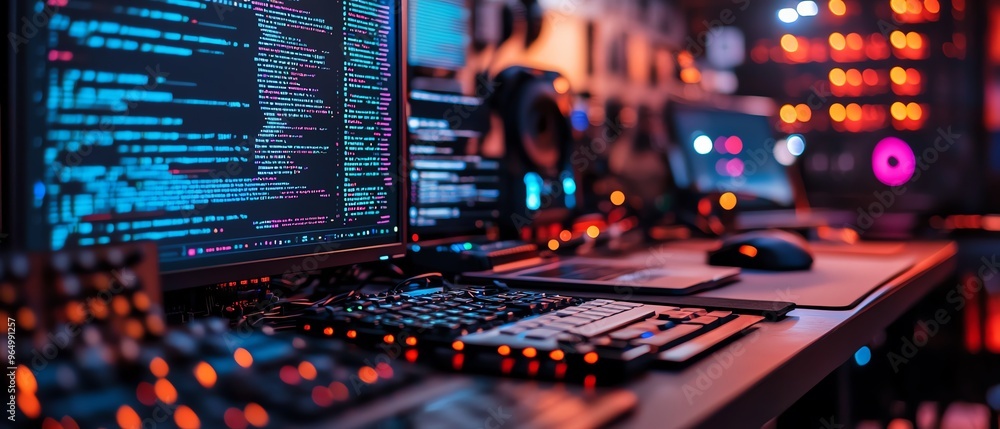 Poster closeup of a hacker s setup with sophisticated hardware, including encrypted usb drives, network ana