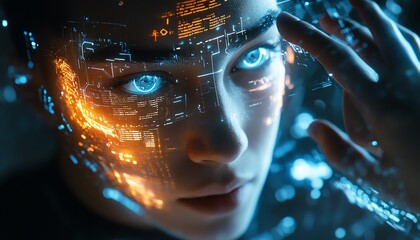 Cybernetic hacker with glowing cybernetic implants, interacting with virtual reality interfaces and surrounded by digital code and data streams