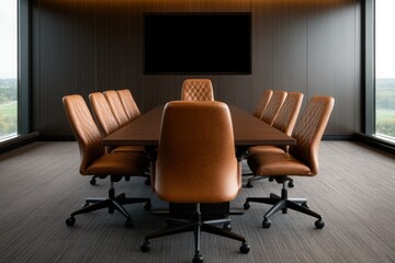 Imagine a sleek, modern conference room set up for a strategic meeting on governmental efficiency, featuring advanced projection systems, minimalist furniture, and ambient lighting