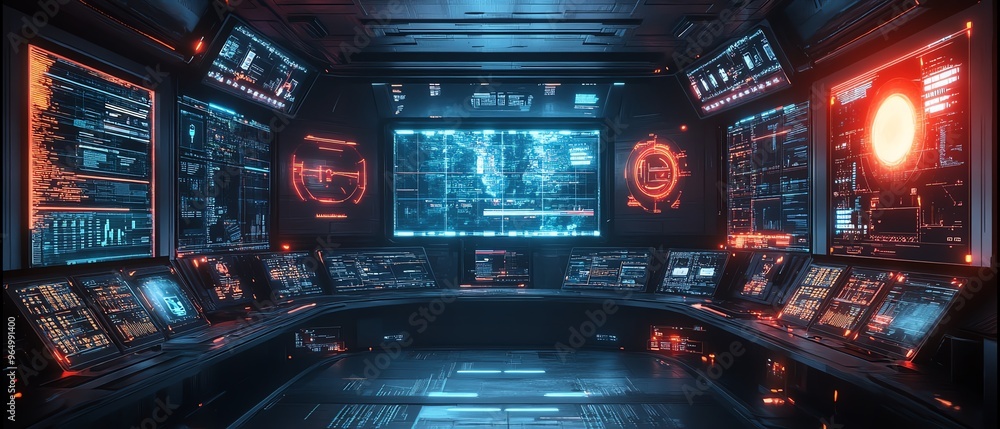 Poster Futuristic hacking console with multiple screens showing realtime data breaches, security protocols, and advanced hacking software