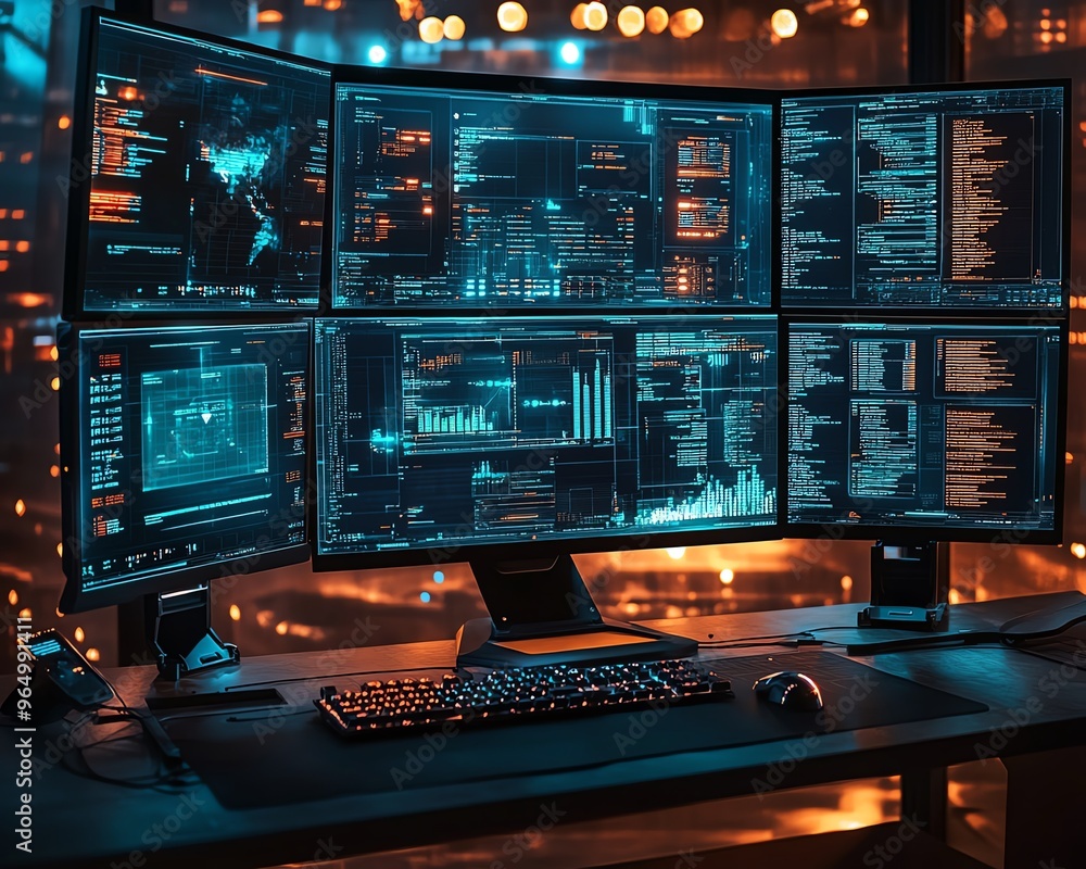 Poster futuristic hacking console with multiple screens showing realtime data breaches, security protocols,