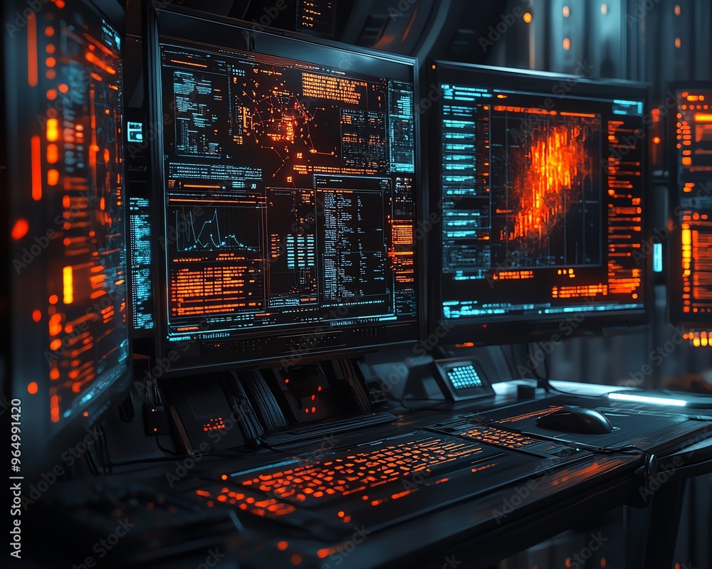 Poster Futuristic hacking console with multiple screens showing realtime data breaches, security protocols, and advanced hacking software