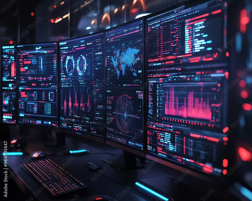 Leinwandbilder Futuristic hacking console with multiple screens showing realtime data breaches, security protocols, and advanced hacking software