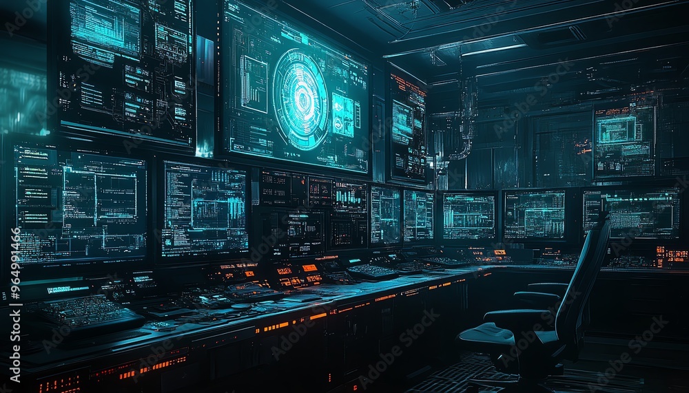 Poster futuristic hacking console with multiple screens showing realtime data breaches, security protocols,