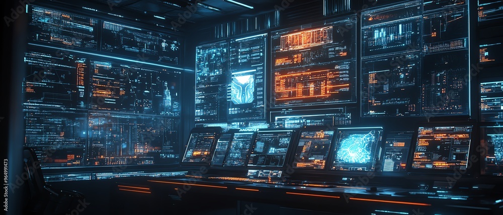 Poster futuristic hacking console with multiple screens showing realtime data breaches, security protocols,