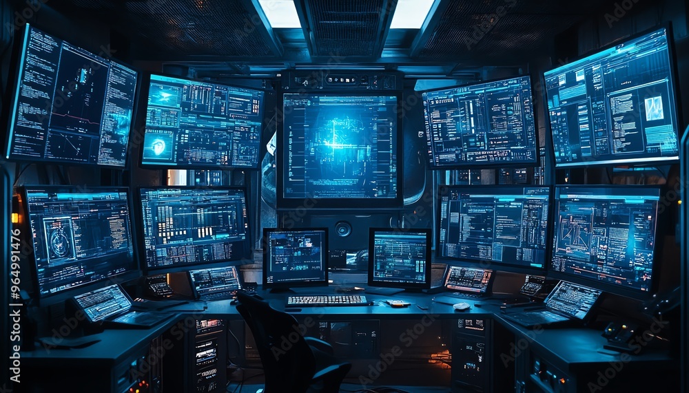 Poster futuristic hacking console with multiple screens showing realtime data breaches, security protocols,