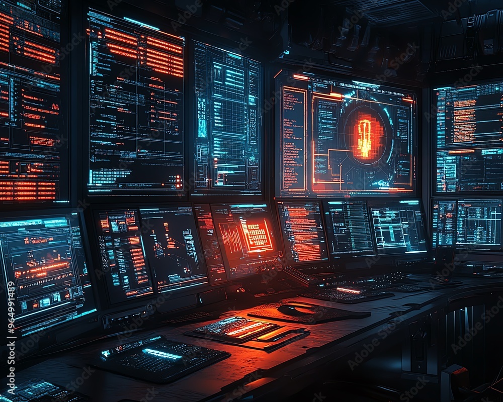 Poster Futuristic hacking console with multiple screens showing realtime data breaches, security protocols, and advanced hacking software