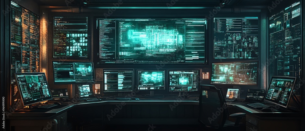 Poster Futuristic hacking console with multiple screens showing realtime data breaches, security protocols, and advanced hacking software