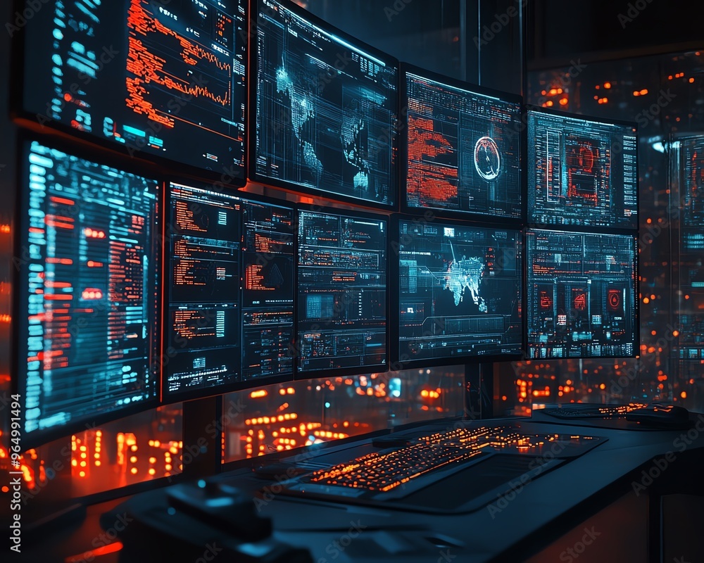 Poster futuristic hacking console with multiple screens showing realtime data breaches, security protocols,