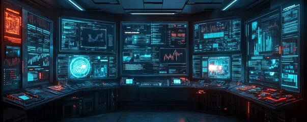 Futuristic hacking console with multiple screens showing realtime data breaches, security protocols, and advanced hacking software