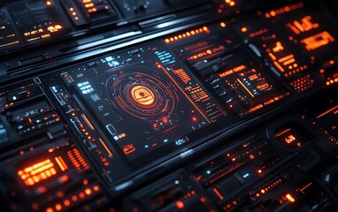 Hightech hacking toolkit with advanced digital interfaces, encrypted devices, and sleek, futuristic design elements in a darkened environment